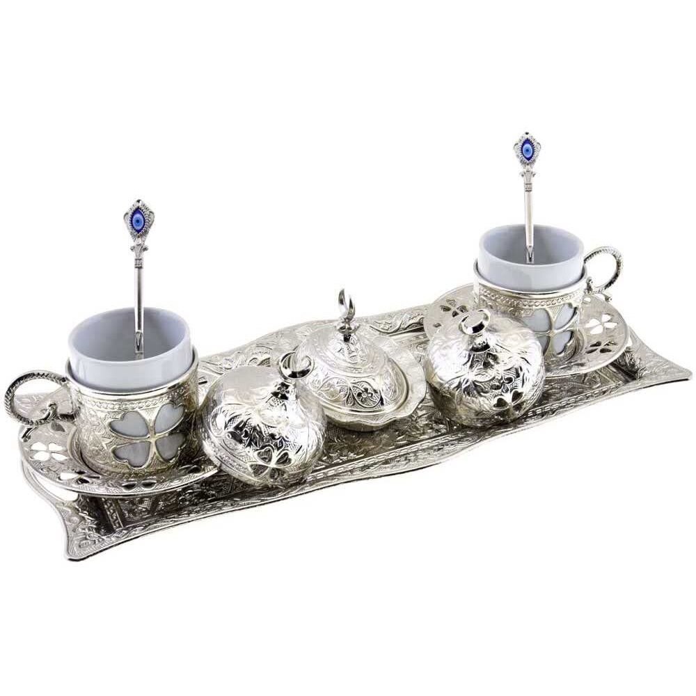 Handmade authentic Turkish Greek Arabic Coffee Espresso Set for 2 Service, Cups Saucers Lids Tray Delight Candy Dish