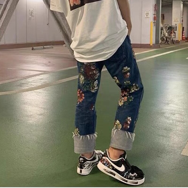 High Street Hand Painted Floral Jeans Mens Straight Oversized Retro Casual Denim Pants Loose Washed Ripped Jean Trousers