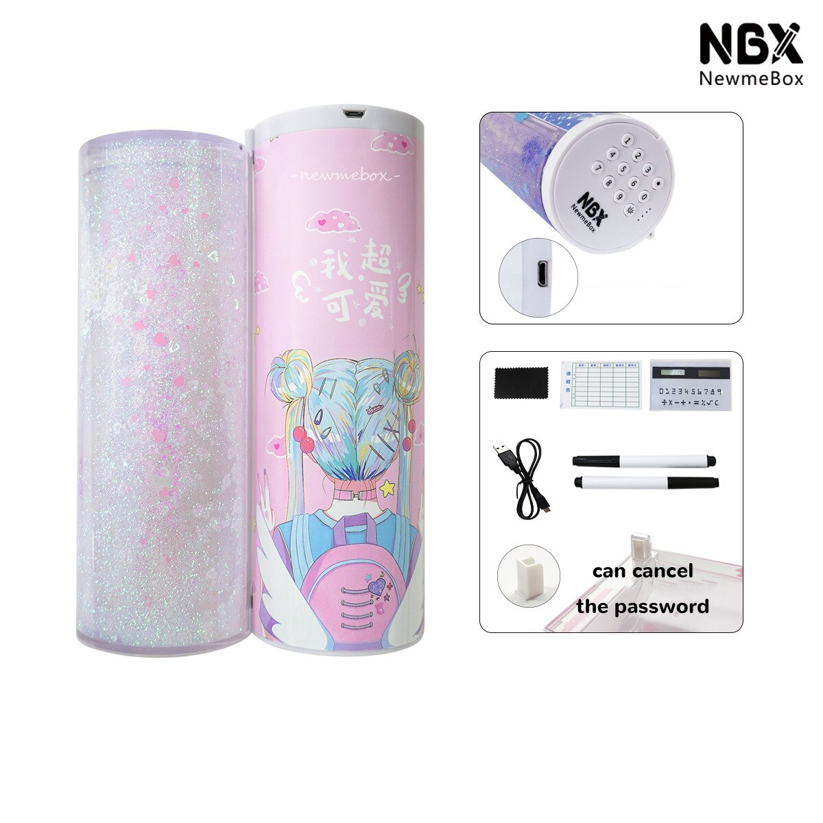 Pencil Case Kawaii Translucent Quicksand NBX Solar Calculator Pencil Box Estojo Escolar School Supplies Password Estuche Escolar: K