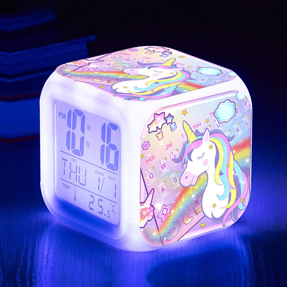 Unicorn Kids Alarm Clock 7 Colors LED Night light Wake Up Clock with Thermometer Snooze будильник Home Desk Decor Christmas: purple-no batteries