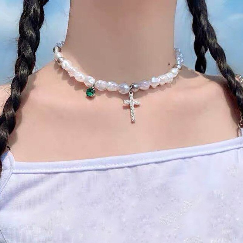 Hip hop imitation uregelmæssige perler perlerede kryds vedhæng halskæde metal kæde chokers line halskæde til kvinder mænd punk smykker