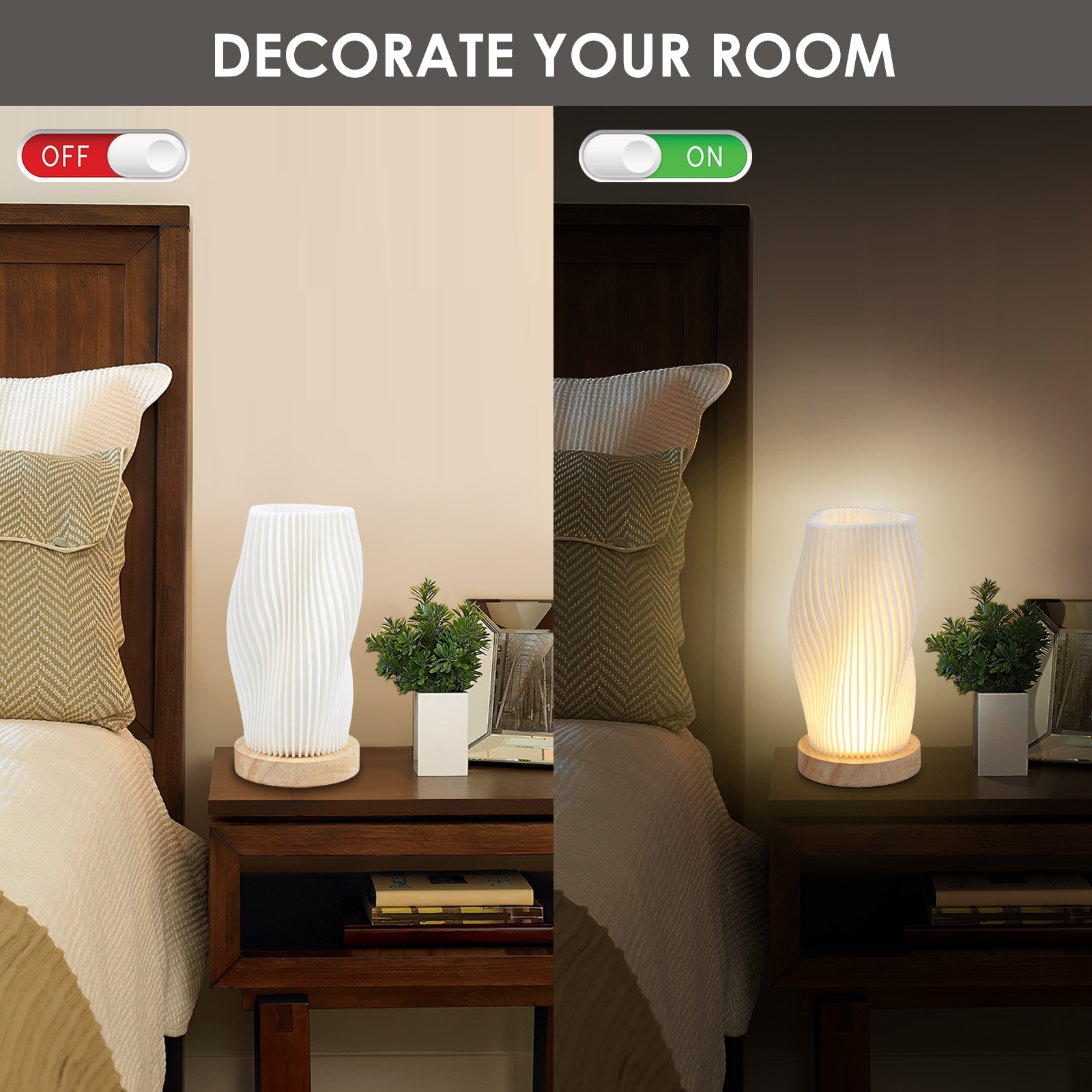 Nachttischlampe mit Holzsockel, Neuheit, kleine Nachttischlampe, Jahrgang-Stil, gestreift, kleine Nachttischlampe für Wohnzimmer