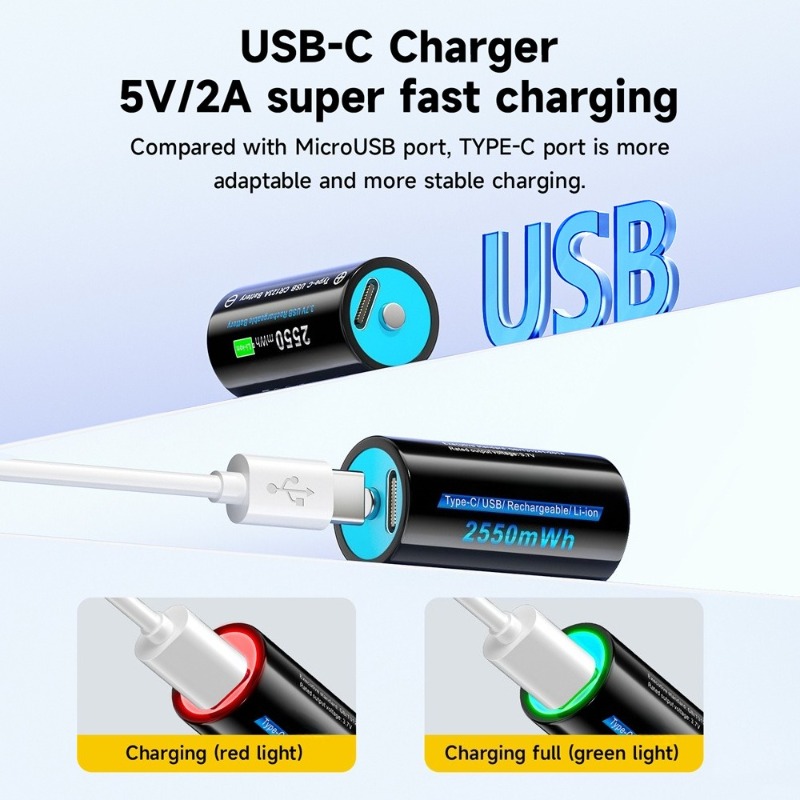 Batteria ricaricabile CR123A CR123 16mmX35mm con ingresso USB per torcia portato RCR123 RCR123A Batteria 3,7 V 2550 mAh