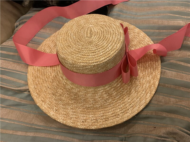 Sombrero de paja con lazo hecho a mano para mujer, gorro largo con lazo para playa, vacaciones, ocio, 01905: Rosa