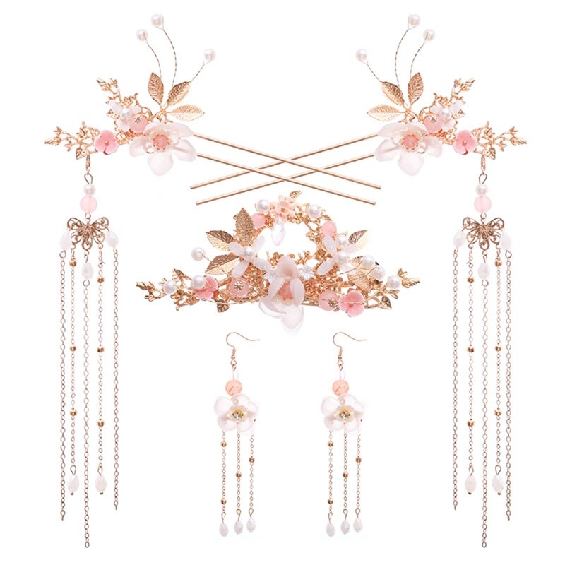 Women Chinese Hanfu Dress Jewelry Sets Tassel Floral Hairpins Earrings Hair Fork AXYD: Default Title