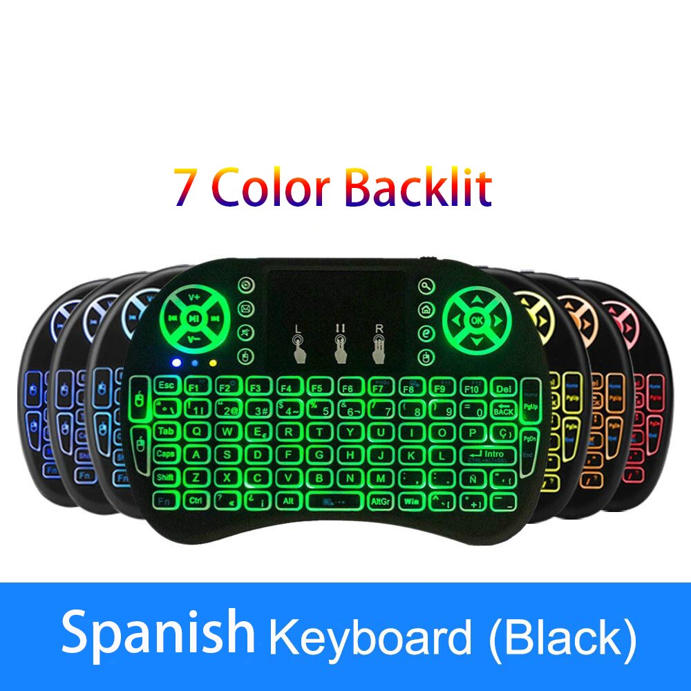 7 färger bakgrundsbelyst  i8 mini trådlöst tangentbord 2.4g engelska ryska spanska luftmus handhållen pekplatta för android tv box mini pc: Spansk bakgrundsbelyst