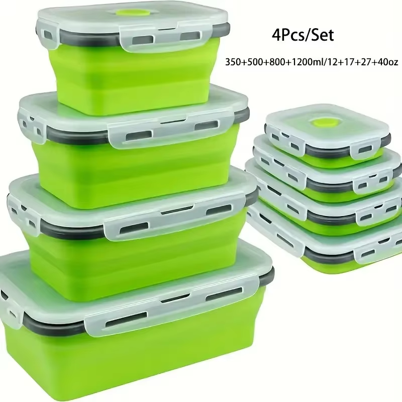 4 Pack Silicon Lunch Box Flat Stacks Collapsible Food Storage Containers With Lids Leftover Meal Box For Kitchen BPA Free: Orange