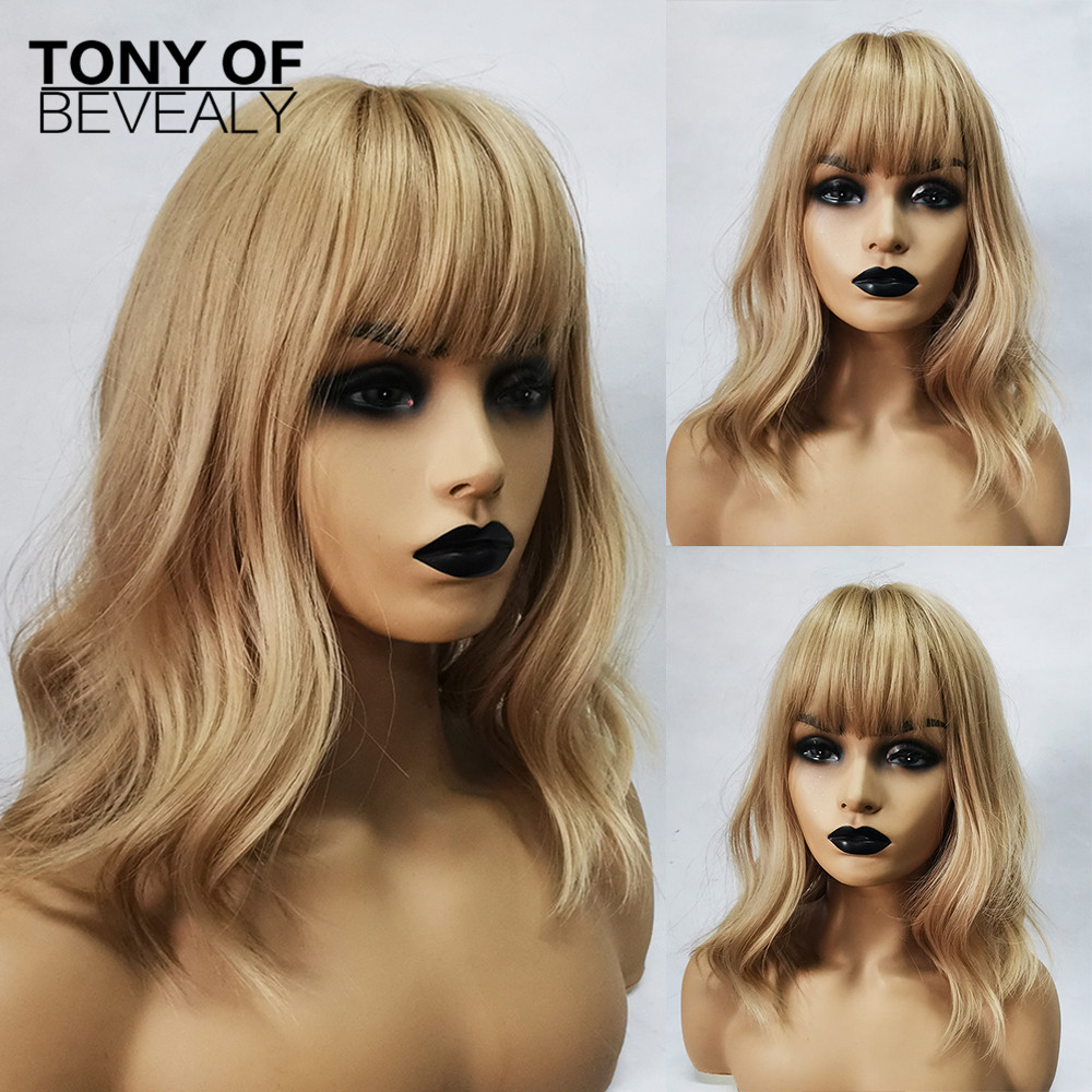 Short Wavy Bob Wigs With Bangs for Womens Cosplay Blonde Natural Hair Wigs Female Synthetic Heat Resistant Fiber: lc210-3