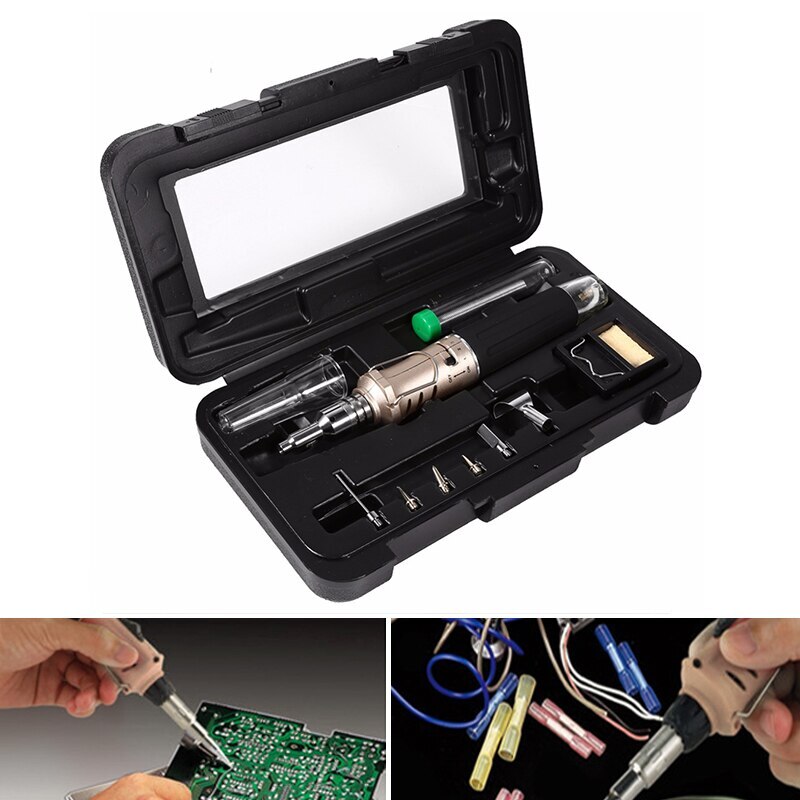 Soldering Iron 10 in 1 Soldering Iron Set Butane Gas Iron Welding Torch Kit Tool Butane Soldering Iron Torch#9^1^1: gold