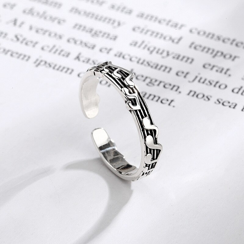 Enkelhet klokke ring retro sølv farge legering musikk noter ring ball dating ring kvinner jenter smykker justerbar åpning