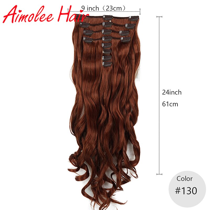 Extensiones de cabello de 24 pulgadas, 8 unidades por juego, pelo sintético largo ondulado Natural de cobre rojo Auburn, 16 clips de fibra de alta temperatura: #130