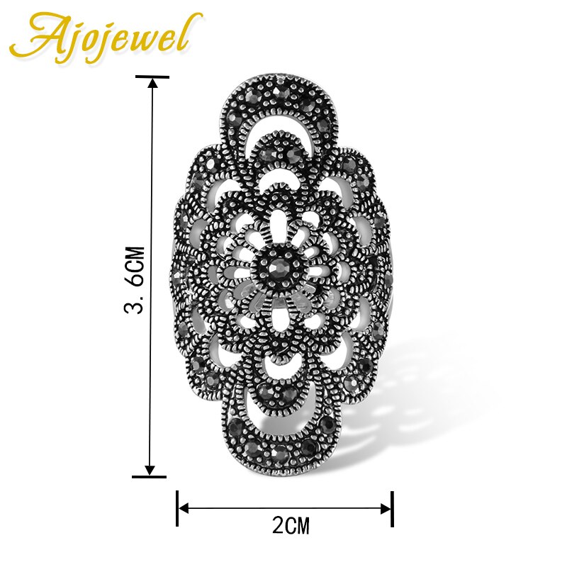 Ajojewel #7-9 Holle Bloem Vrouwelijke Ring Black Rhinestone Antieke Sieraden Mode Accessoires