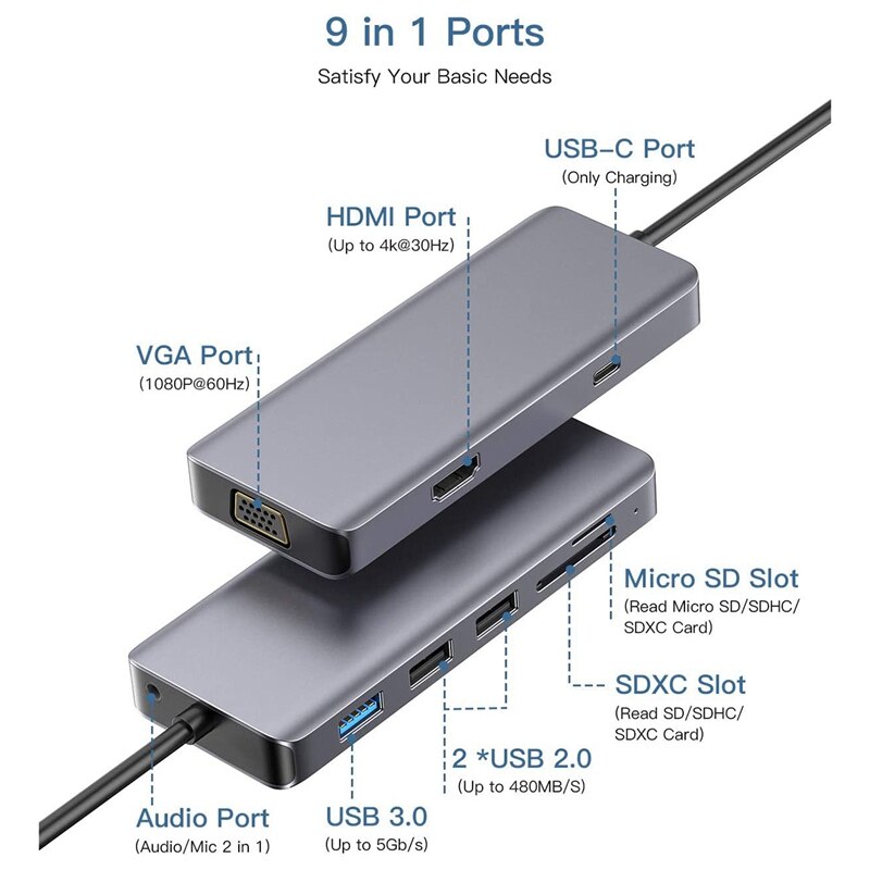 HYD-9866T USB C 8-in-1 Adapter HDMI+VGA Audio Interface PD HUB Card Reader Suitable for All USB C Devices, PC/Tablet