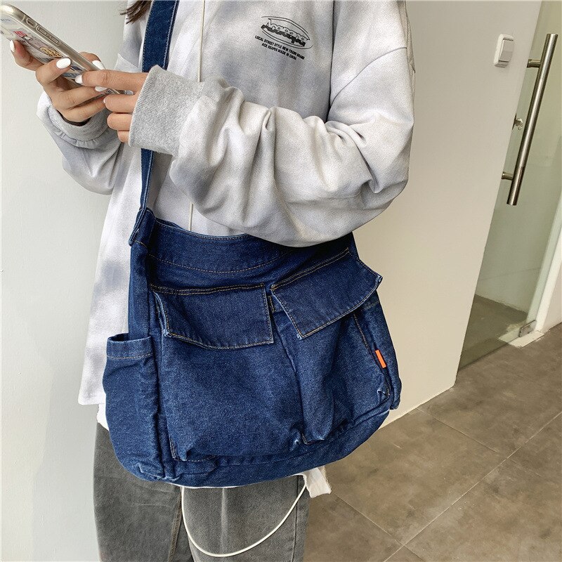 Sac à bandoulière en tissu jean pour adolescent, grande capacité, grande taille, poches spacieuses, sacoche de tous les jours