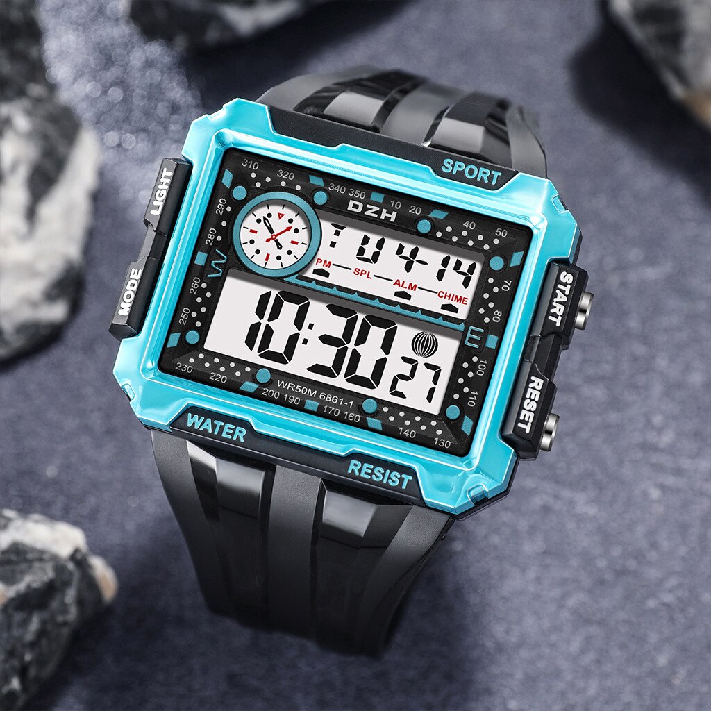 Vierkante Grote Screen Display Sport Elektronische Horloge Mannen Lichtgevende Waterdichte Multifunctionele Outdoor Sport Horloge