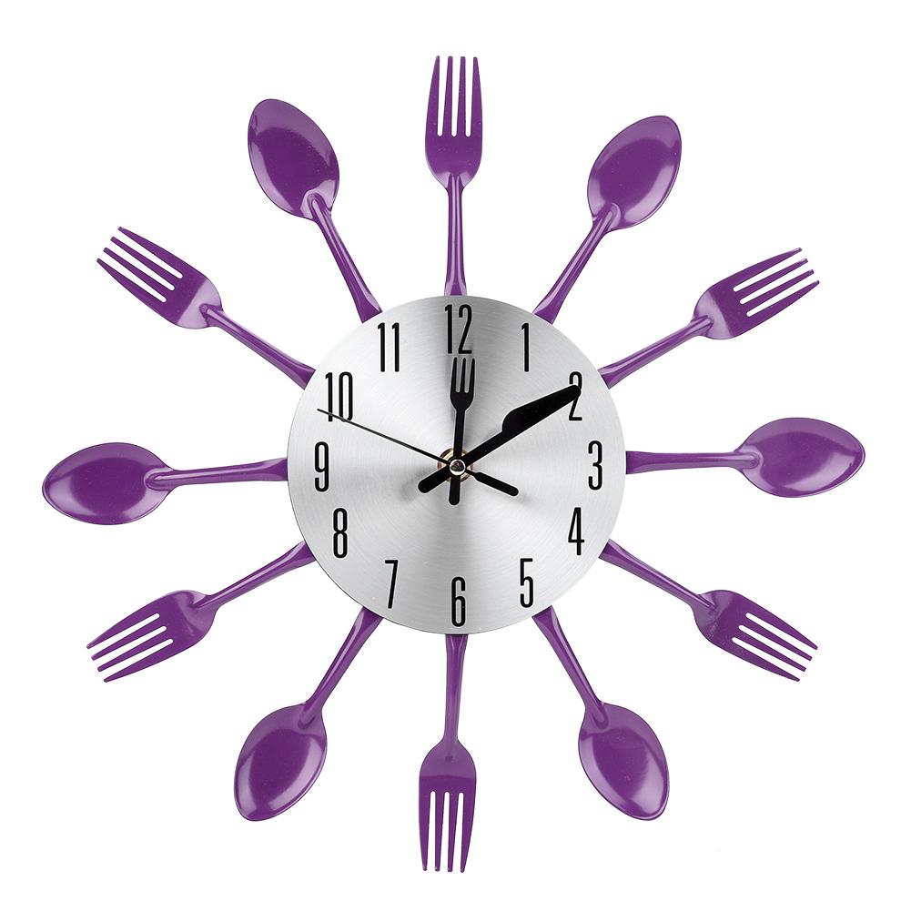 Cutlery Metal Kitchen Wall Clock Spoon Fork Quartz Wall Mounted Clocks Modern Decorative Horloge Murale: Purple