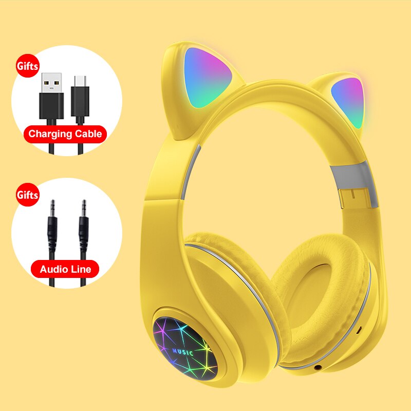 Oreja de Gato auriculares inalámbricos Bluetooth 5,0 RGB auriculares bajo ruido cancelación de los adultos niños auricular de mujer tarjeta de soporte TF Casco Mic: H3-Yellow