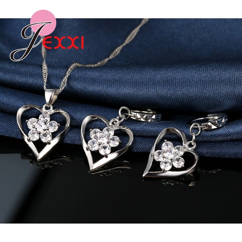 Mooie Hartvorm Mode Vrouwen 925 Sterling Zilveren Sieraden Set Voor Engagement Hanger Ketting Oorbellen