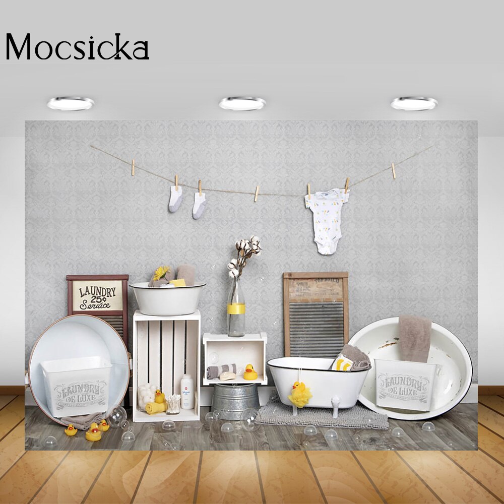 Bathroom Bath Children Portrait Backdrop Photo Studio Yellow Duck Laundry Newborn Birthday Cake Smash Background Photobooth