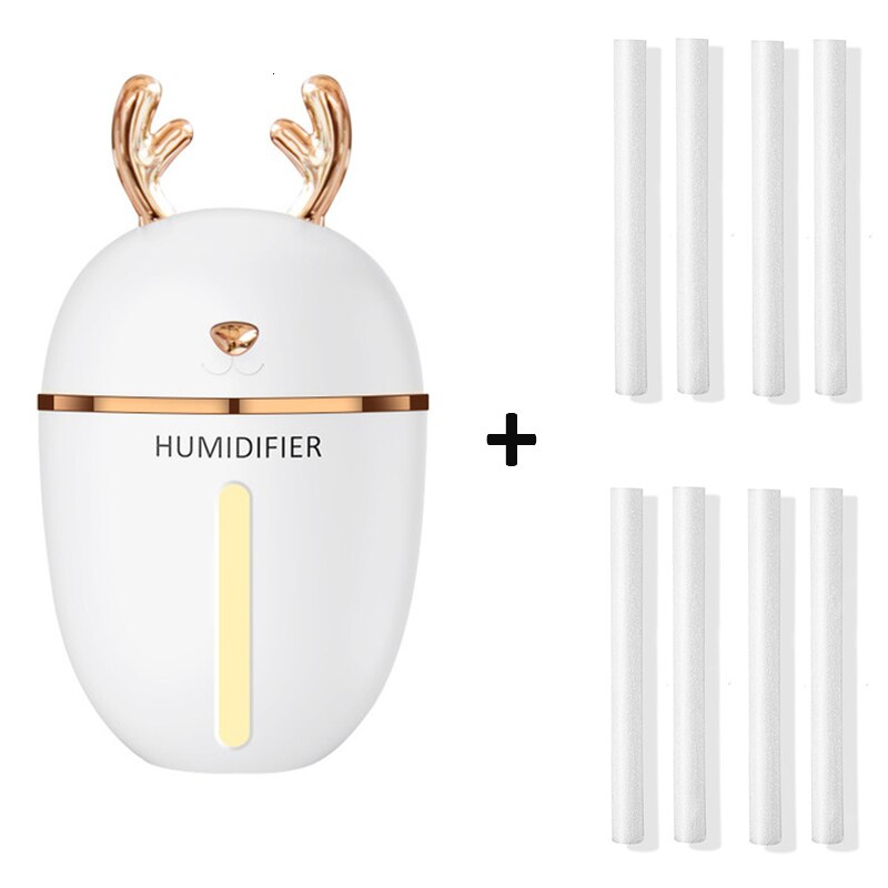 450ml grote capaciteit schattige herten luchtbevochtiger nachtlampje usb-oplaadbaar aromatherapie etherische olie luchtverspreider mistmaker voor in de auto: Wit en 10 filters