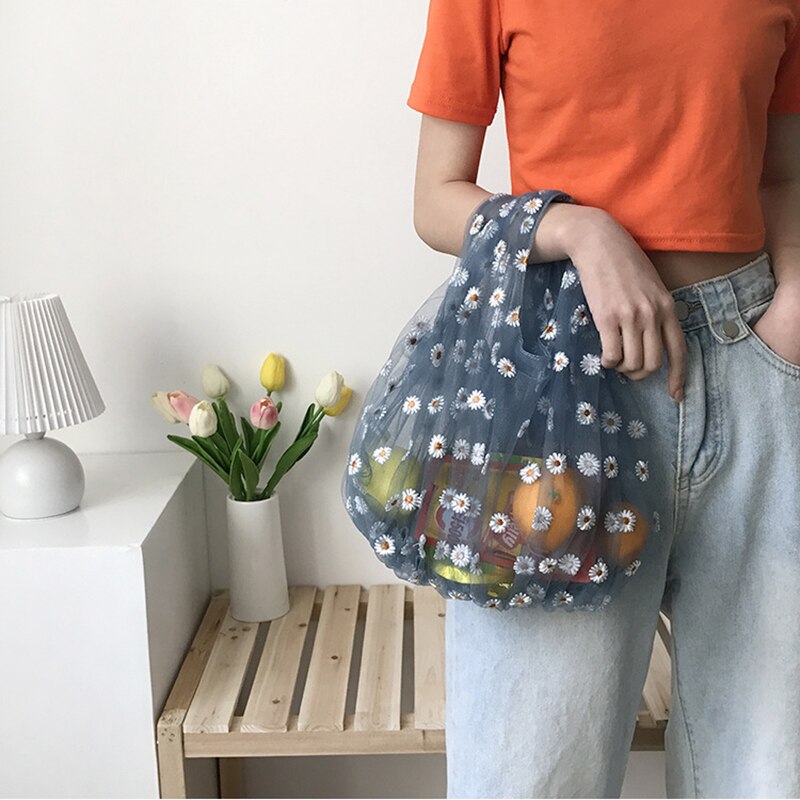 Kleine transparante tas van mesh stof voor dames, handtas met borduurwerk van madeliefjes, eco-bloemkunst, mesh tas, portemonnee voor meisjes