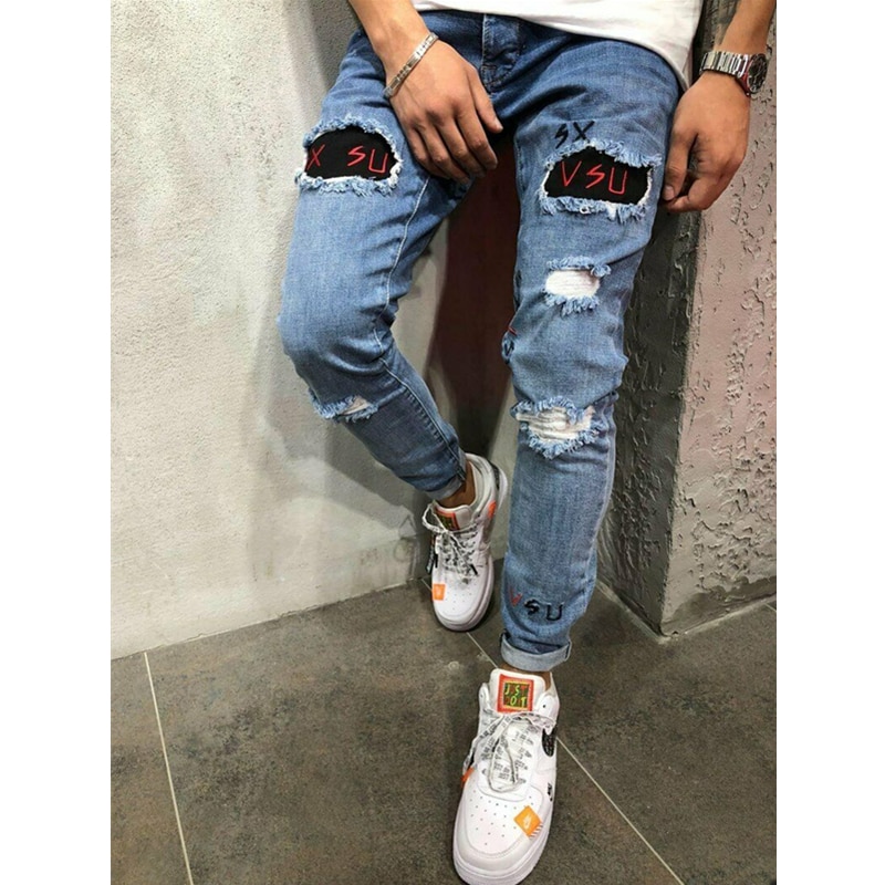 Men Ripped Skinny Jeans Stretchy Destroyed Frayed Slim Fit Denim Jeans Men Male Biker Embroidery Holes Taped Jean Trousers