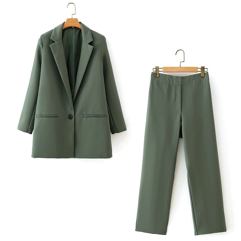 Zxqj vintage kvinder grønne jakkesæt damer todelt sæt blazer jakkesæt afslappet kvinde slank lang jakkesæt piger chic