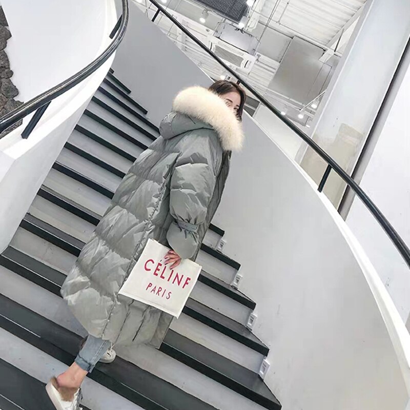 Fmfssom kvinnor vit dunjacka dam luva pälskrage lång varm tjock jacka kvinnlig långärmad parkas