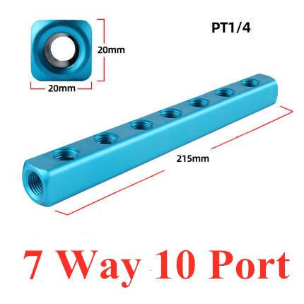 Distribuidor de colector de aire de 1/4 &quot;PT, puerto de rosca 2, 3, 4, 5, 6, 7, 8, 9 vías, conector rápido neumático, divisor de bloque de aluminio de manguera: 7 Way 10 Port