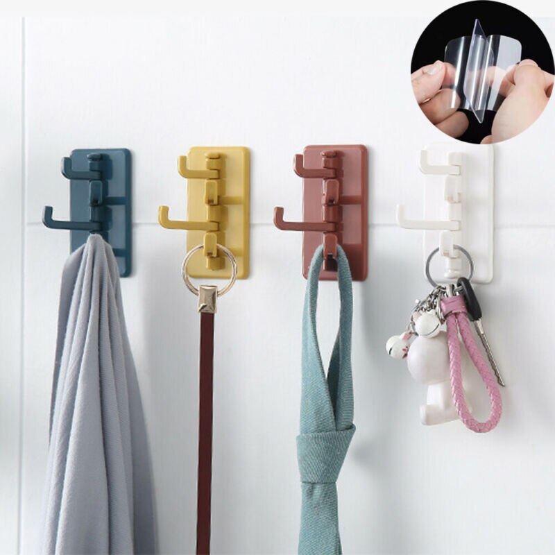 4 Hook Self Adhesive Wall Hooks Clear Strong Sticky Heavy Removable Blue/White