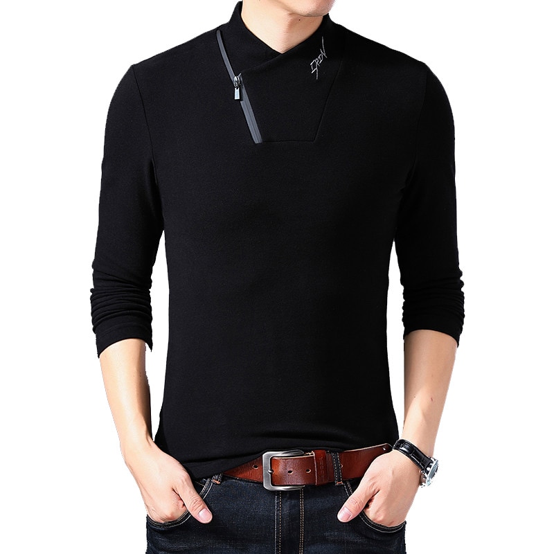 BROWON Brand Style Cotton Men's T-shirt Long Sleeve T Shirt Men Solid Color Zipper Print Collar Oversized T Shirt