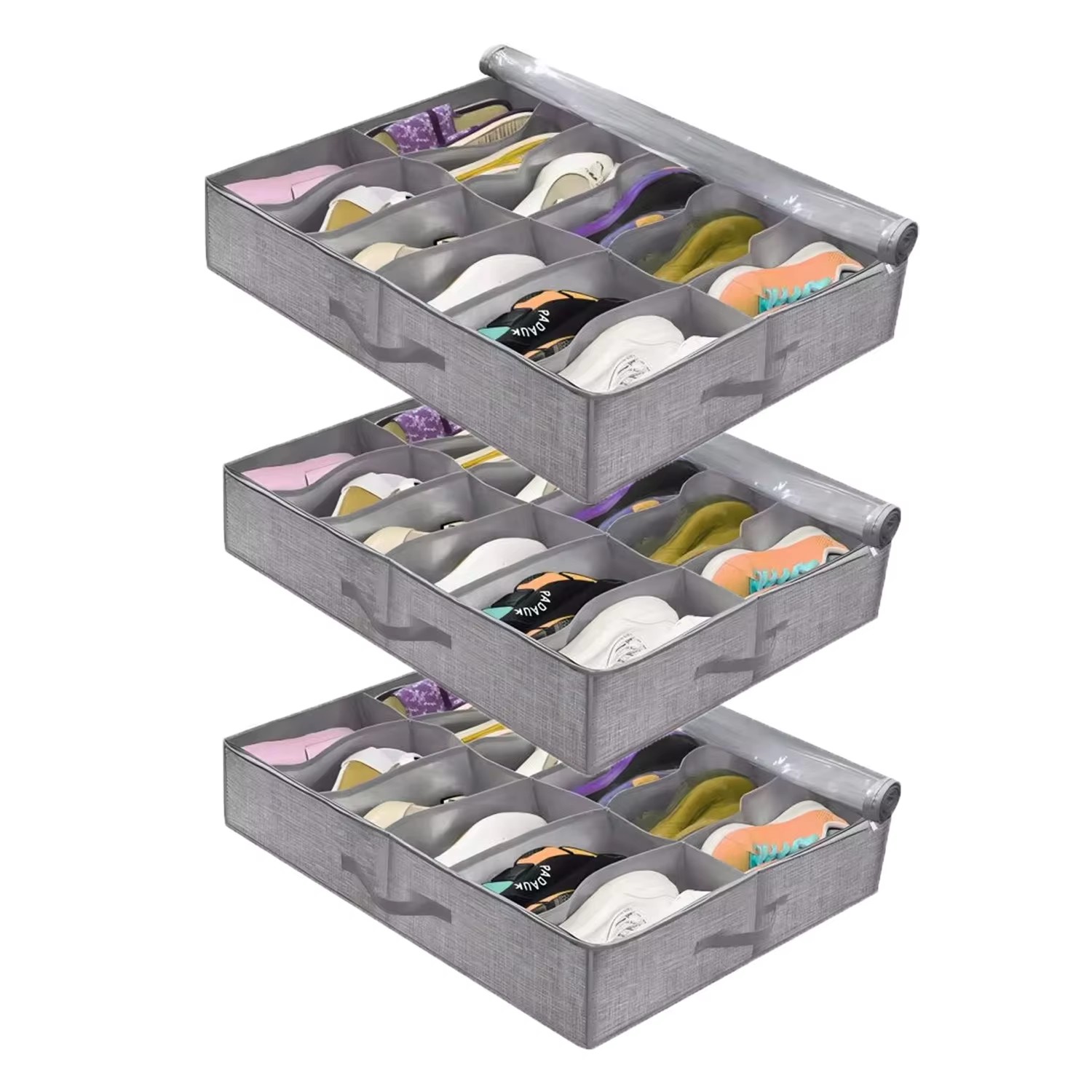 Stevige schoenenopbergorganisator voor onder het bed, set van 3, schoenenkast voor onderbed, opbergoplossing met helder venster, ademend: Army Green