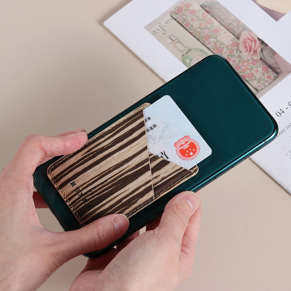 Houten patroon id creditcardhouder telefoon portemonnee hoesje zelfklevend pu telefoonhoesje sticker elastische kaarthouders tassen