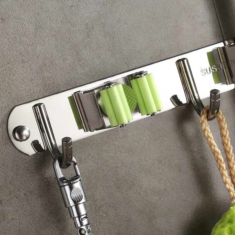Stainless Steel Mop Holder Shower Hook Wall Mounted Broom Rack Storage Hanger Clip Seamless Self Adhesive Bathroom Accessories