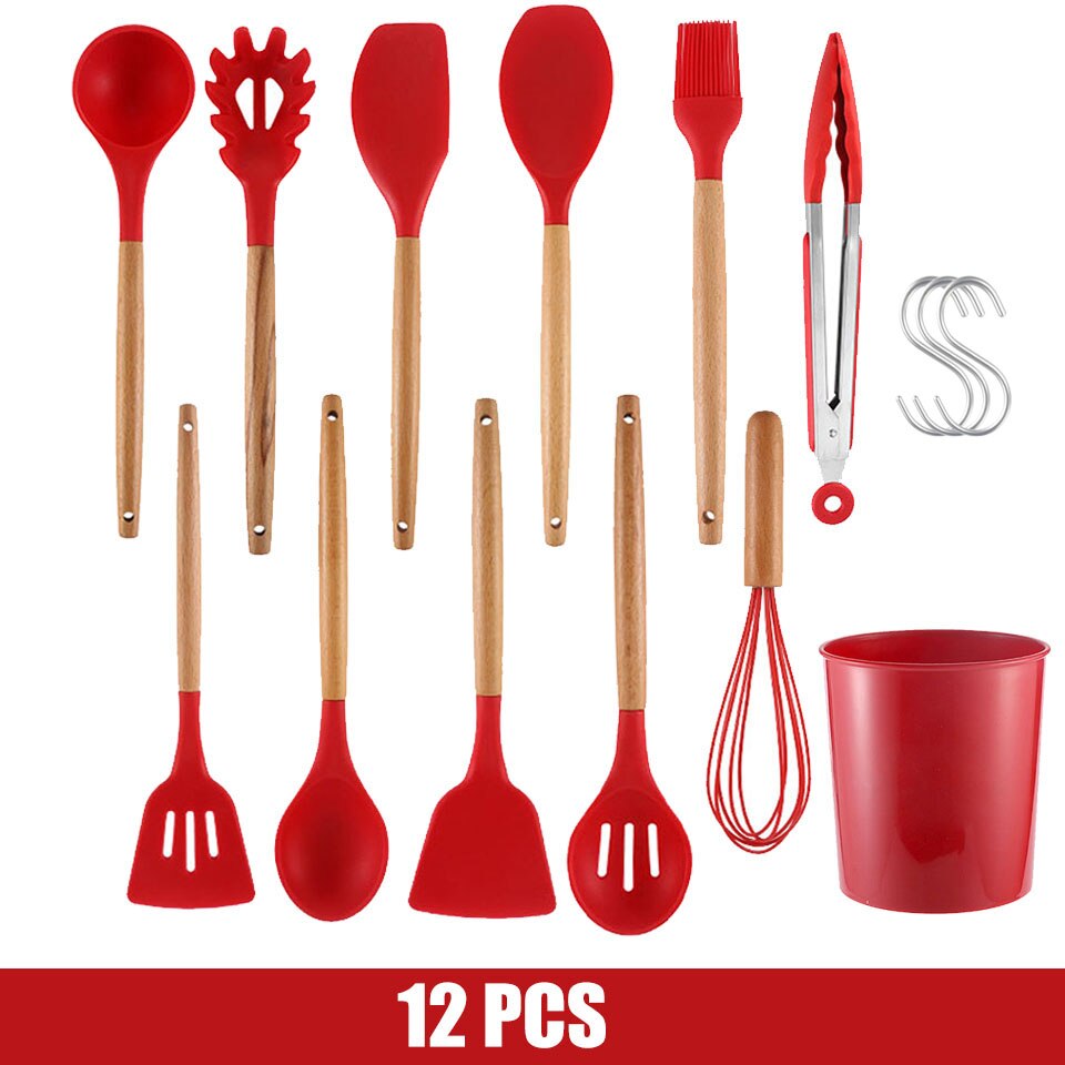 Cooking Tools Silicone Utensils Set Turner Tongs Soup Spoon Brush Non-stick Shovel Oil Spatula Kitchen Tool Set Red: 12PCS B