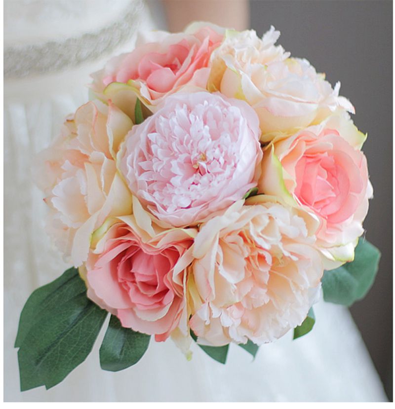 Ivory Pink Coral Peony Wedding Flowers Bridal Bouquets Artificial Wedding Bouquet Bridesmaid Flowers De Mariage Rose: Coral Bouquet