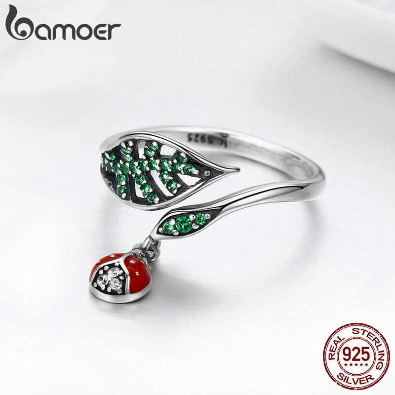 Bamoer 925 Sterling Zilveren Rusten Lieveheersbeestje Dangle In Boom Bladeren Vinger Ringen Voor Vrouwen Sterling Zilveren Sieraden SCR310