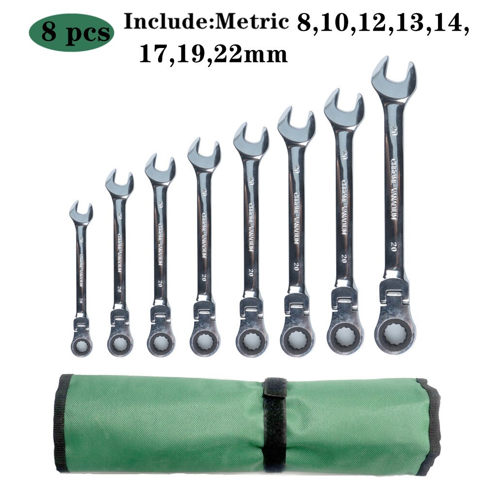 WOZOBUY Ratchet Metric Wrench Set with Movable Head, Socket Wrench and Gear Ring Torque Key Wrench Set Car Repair Tool: 8 pcs(8-22mm)