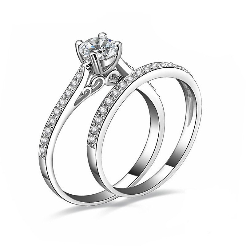 Simple white gold Luxury 2 Piece Bijoux Wedding Lovers Rings Set Cubic Zirconia Jewelry for Women Party As