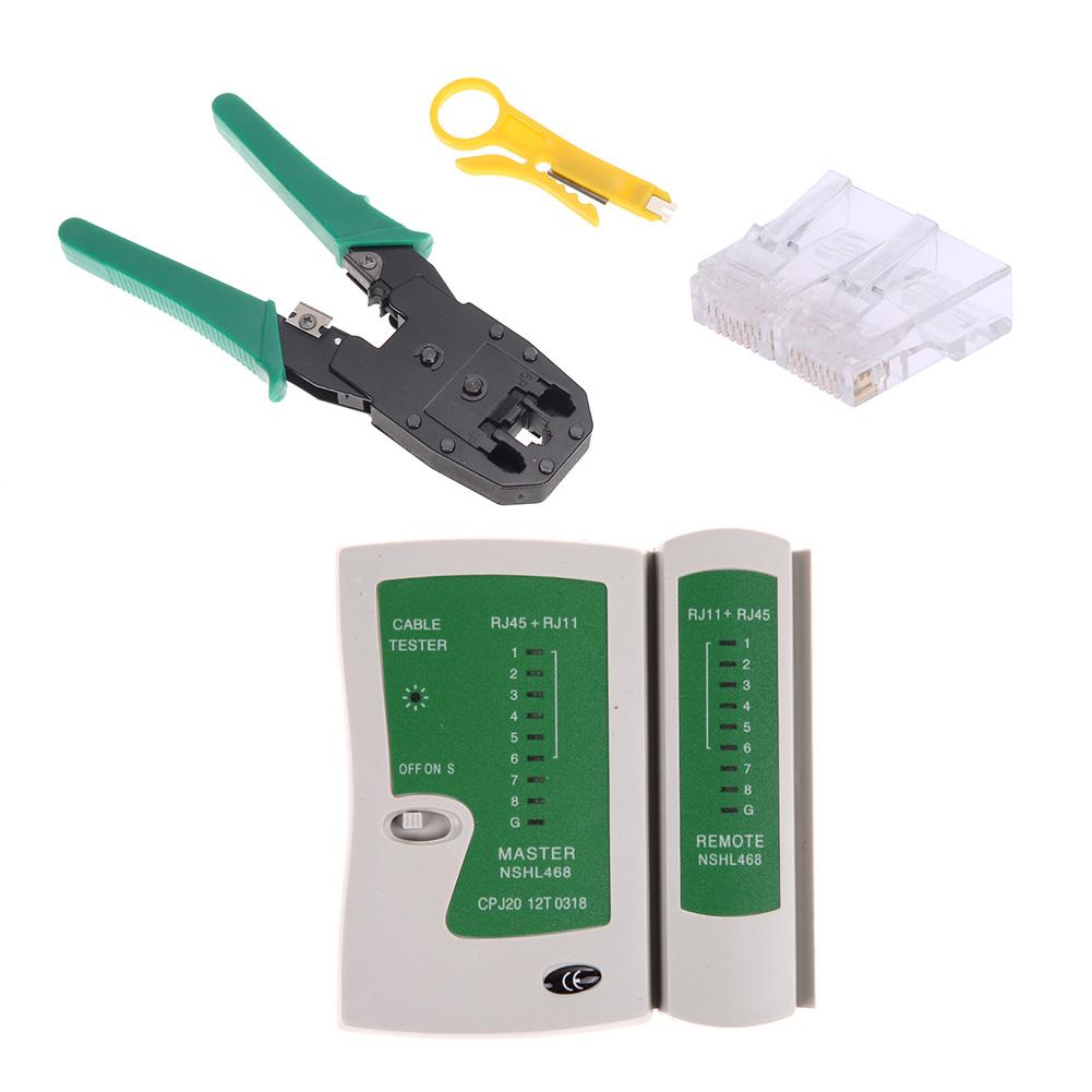 Alicates de prensado de Cable, herramientas de probador de Cable + crimpadora de crimpado + 100 RJ45 CAT5 5e, Kit de herramientas de red de enchufe de conector