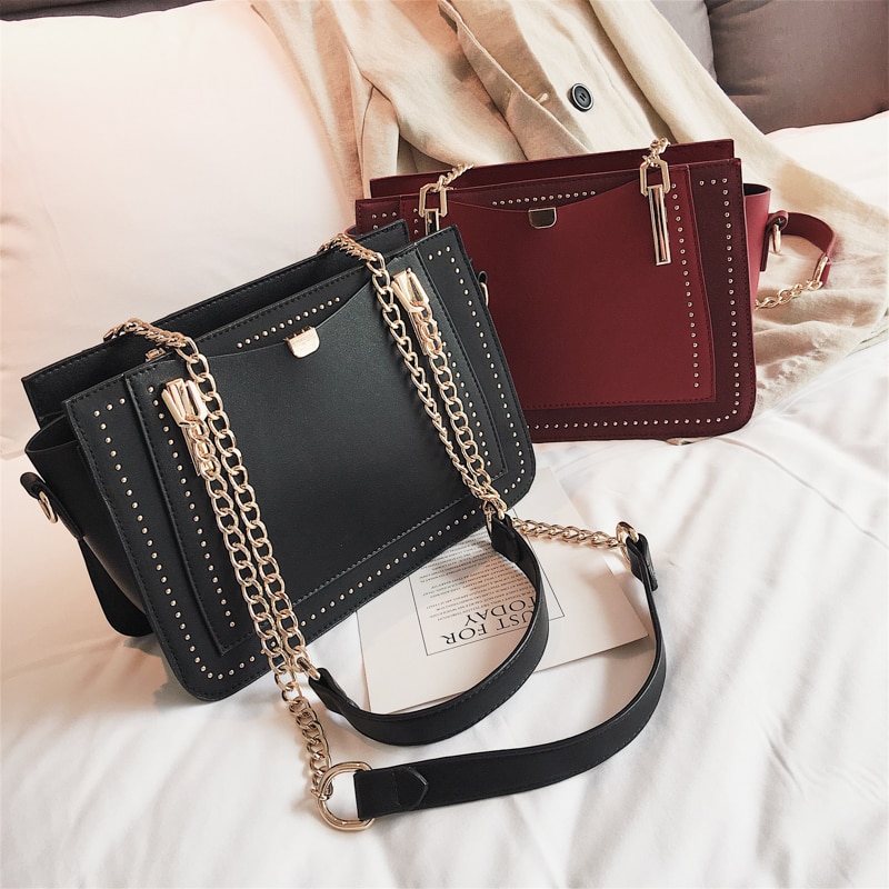 Luxury Rivet Handbag Women Bag Brand Metal Chain Tote Bags Casual PU Leather Crossbody Bag