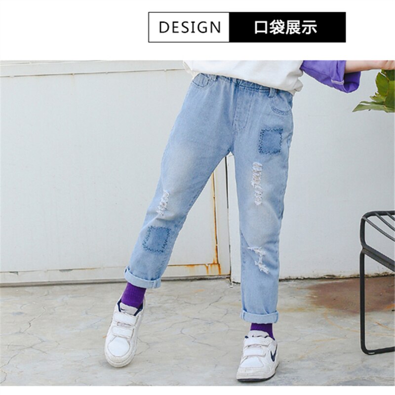 jeans girl Korean style loose summer children's wear CUHK summer ripped jeans 4-14 years old