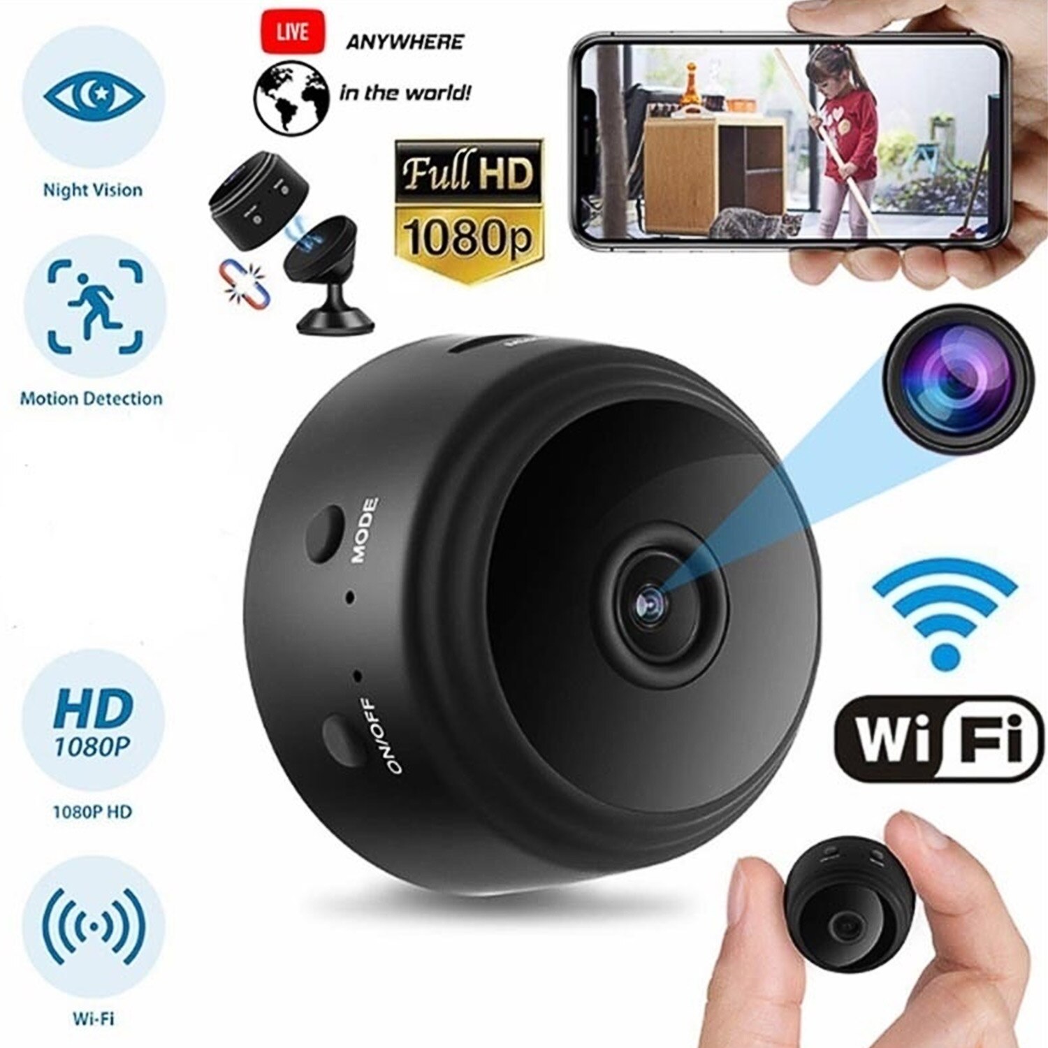 Gosear Mini Home Security Camera A9 1080P HD WiFi IR Night Vision Camcorder 360 Degree Bracket Phone App Contron IP Camera SQ20: A9