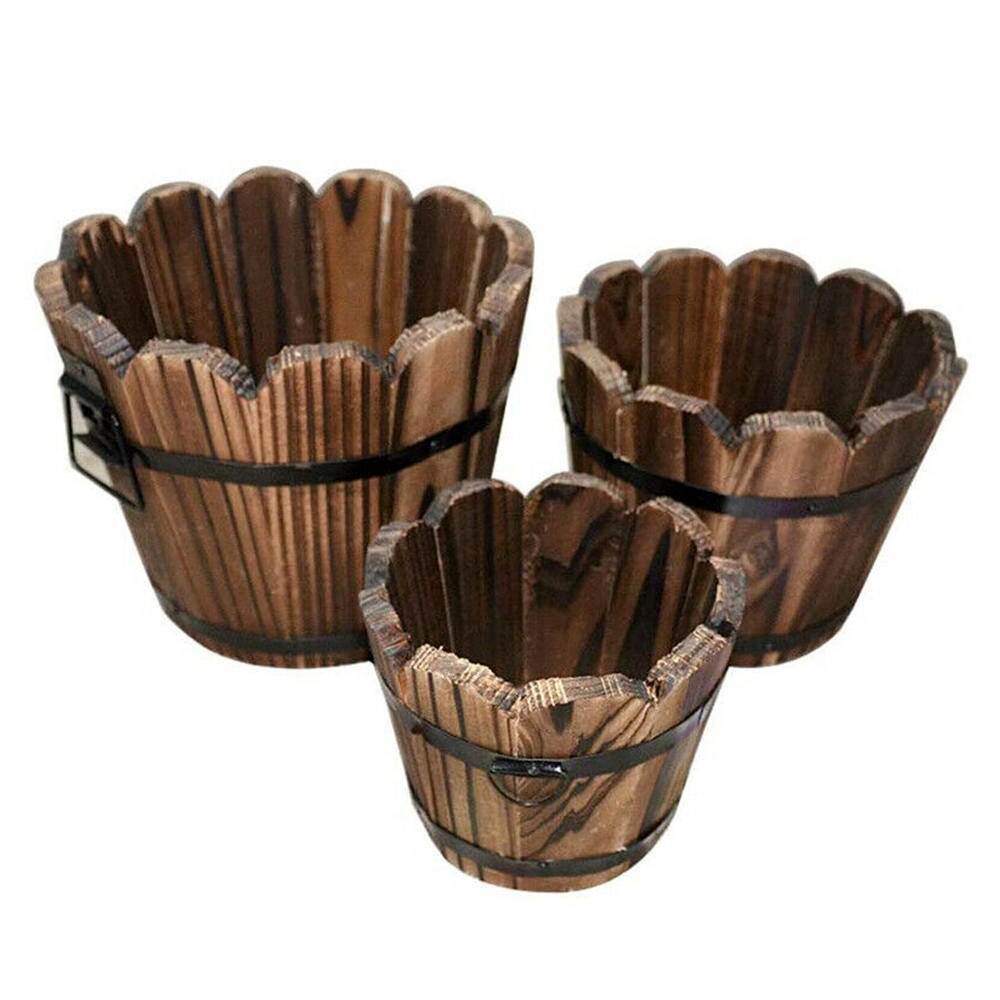 3 Stck Jahrgang Holz Blumentöpfe Balkon Pflanzen Eimer Fässer Pflanze Blume Badewanne Boxen Container-Heimat Garten Dekoration
