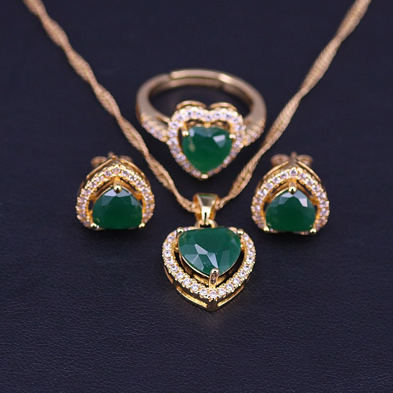 Pretty Style Gold Color Hear Square Jewelry For Women Adjustable Ring Stud Earrings Necklace Bridal Jewelry Set With Pendant: apple green
