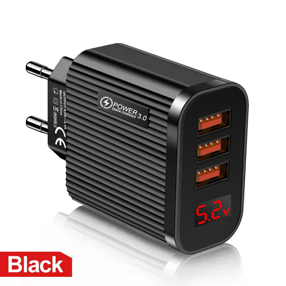 3 porty 5V 3.1A ładowarka USB szybka ładowarka z cyfrowym wyświetlaczem LED dla iPhone 12 11 XS Samsung Xiaomi telefon szybkie ładowanie: EU Black