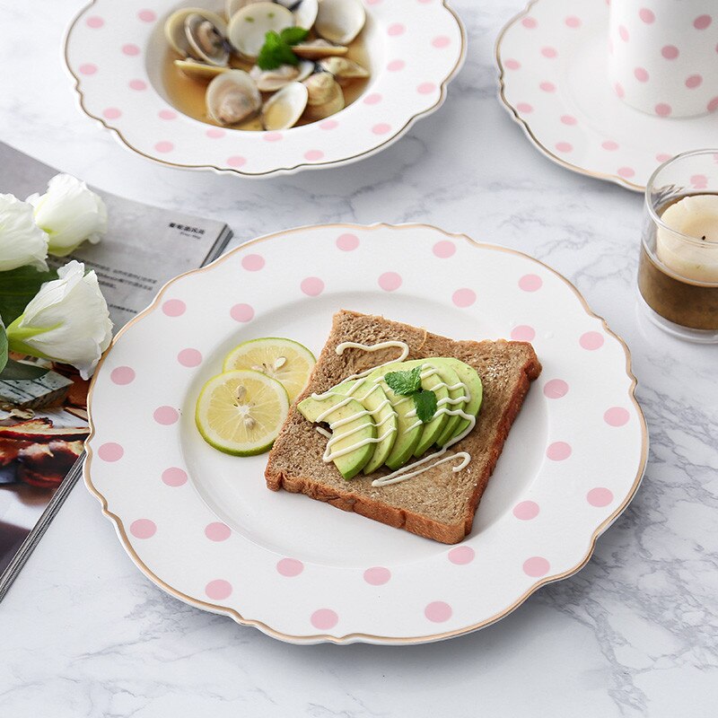 10inch Food Tray Gold Edge Dinnerware Set Polka Dot Dinner Plate Set Soup Dish Steak Flat Plate Flower Shape Breakfast Tableware