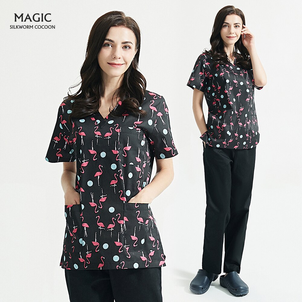 Beautician suits Short-sleeve beauty salon work suit woman print Scrubs Tops/pant costume women V-neck scrubs uniforms
