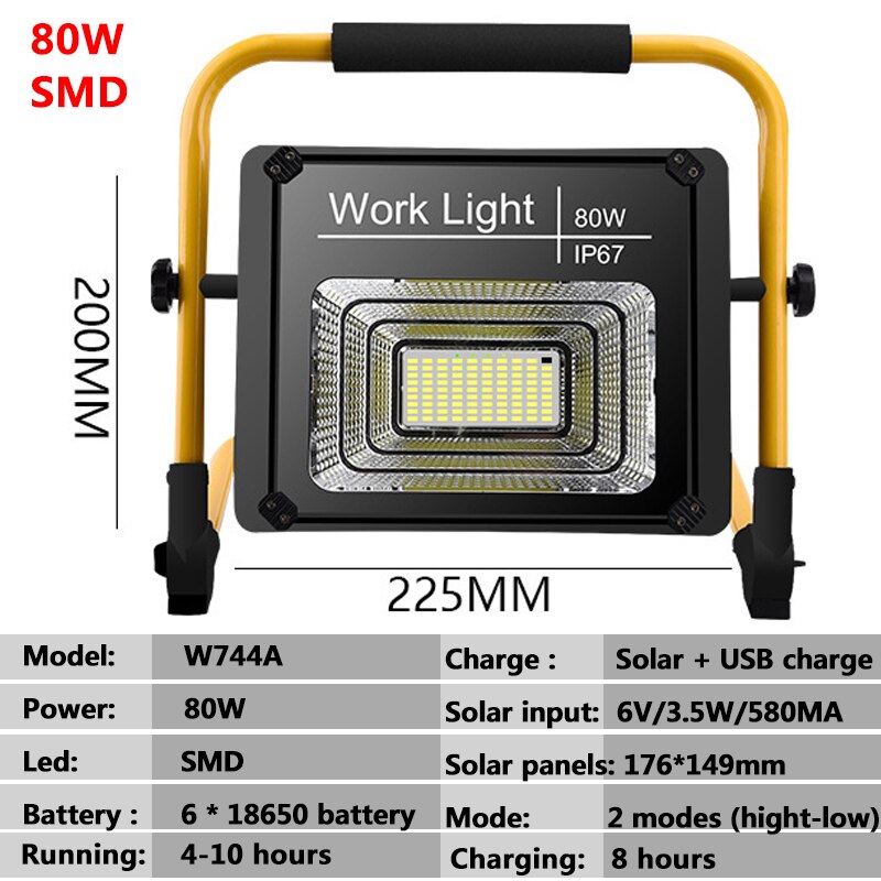 Solar Working Light 80W Waterproof IP67 Built in 18650 Battery Charge in Sun or Usb Rechargeable Industrial Portable Flood Lamp: 80W SMD