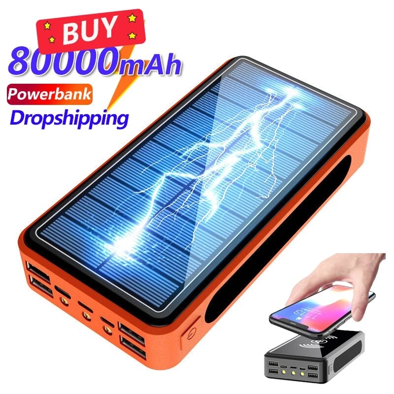 80000 mah qi-ladegerät, kabellose solar-powerbank mit 4 usb-anschlüssen, tragbares schnellladegerät für smartphones und handys, externer akku für xiaomi und samsung